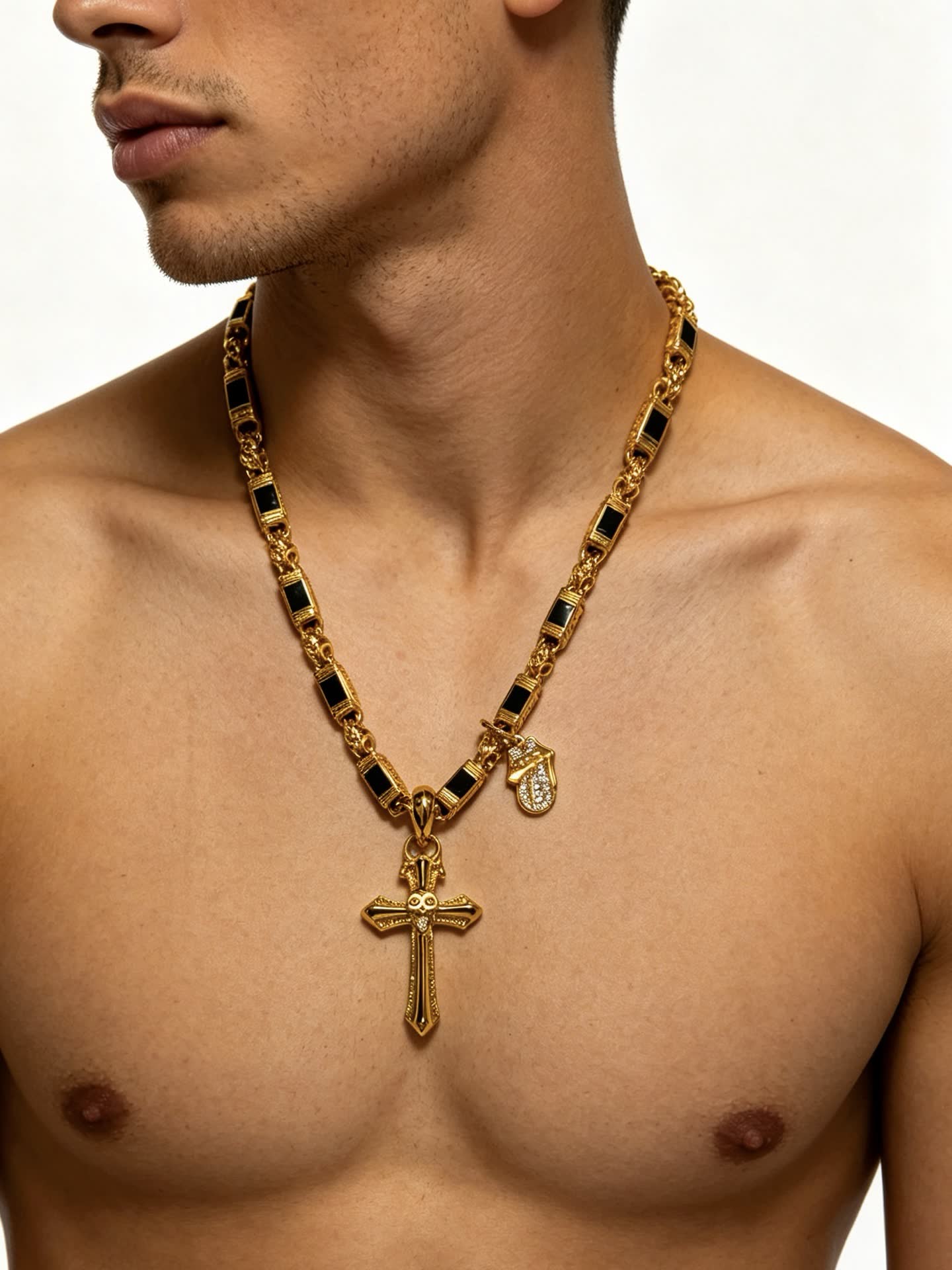 Chrome Hearts Gold Cross Pendant Necklace with Black Stones
